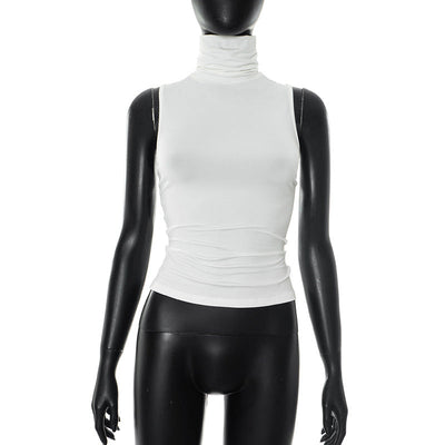 Women Clothing Summer Elegant Sleeveless Solid Color Turtleneck Backless Top