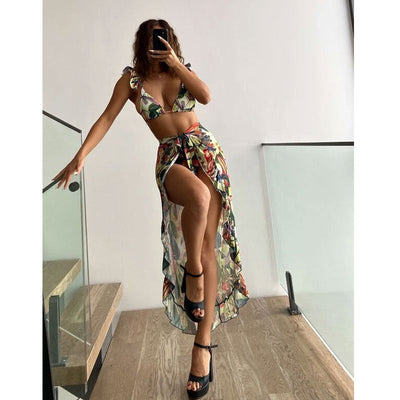 Women Clothing Sexy Bikini Ruffled Tied Apron Three Suits Swimsuit Tie Dye