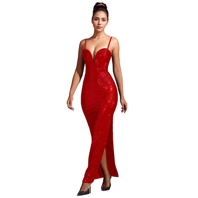 Women Wear Drilling Slim Fit Sexy Bag Arm Split Dress