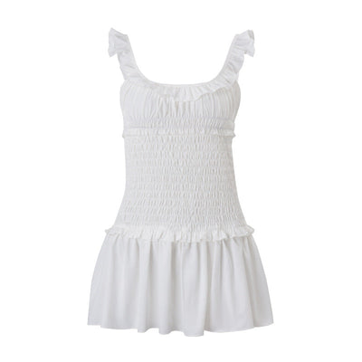 Women Clothing Spring Sexy Elegant Wooden Ear Pleated Strap Pleated Dress Short for Women
