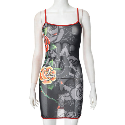 Women Clothing Spring Summer Sling round Neck Floral Mesh See through Printed Sheath Dress