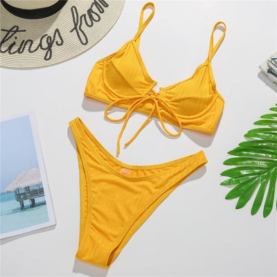 Women Swimsuit Steel Bracket Gathered Sexy Bikini Strap Backless Split Swimsuit Bikini