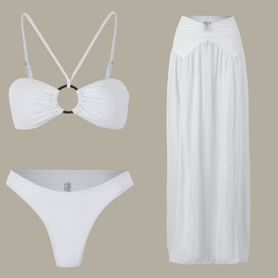 Tube Top Bikini Skirt Three Piece Set Pure White Split Swimsuit Women Suit
