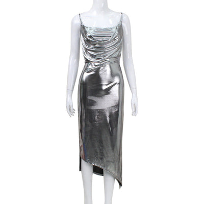Women Clothing Sexy Backless Swing Collar Cami Dress Bronzing Split Pure Sexy Dress Long