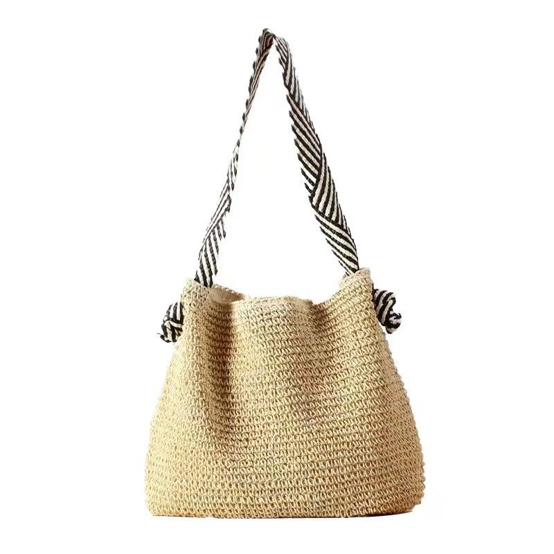 Bag Striped Wide Ribbon Shoulder Straw Bag Woven Bag Vacation Beach Bag