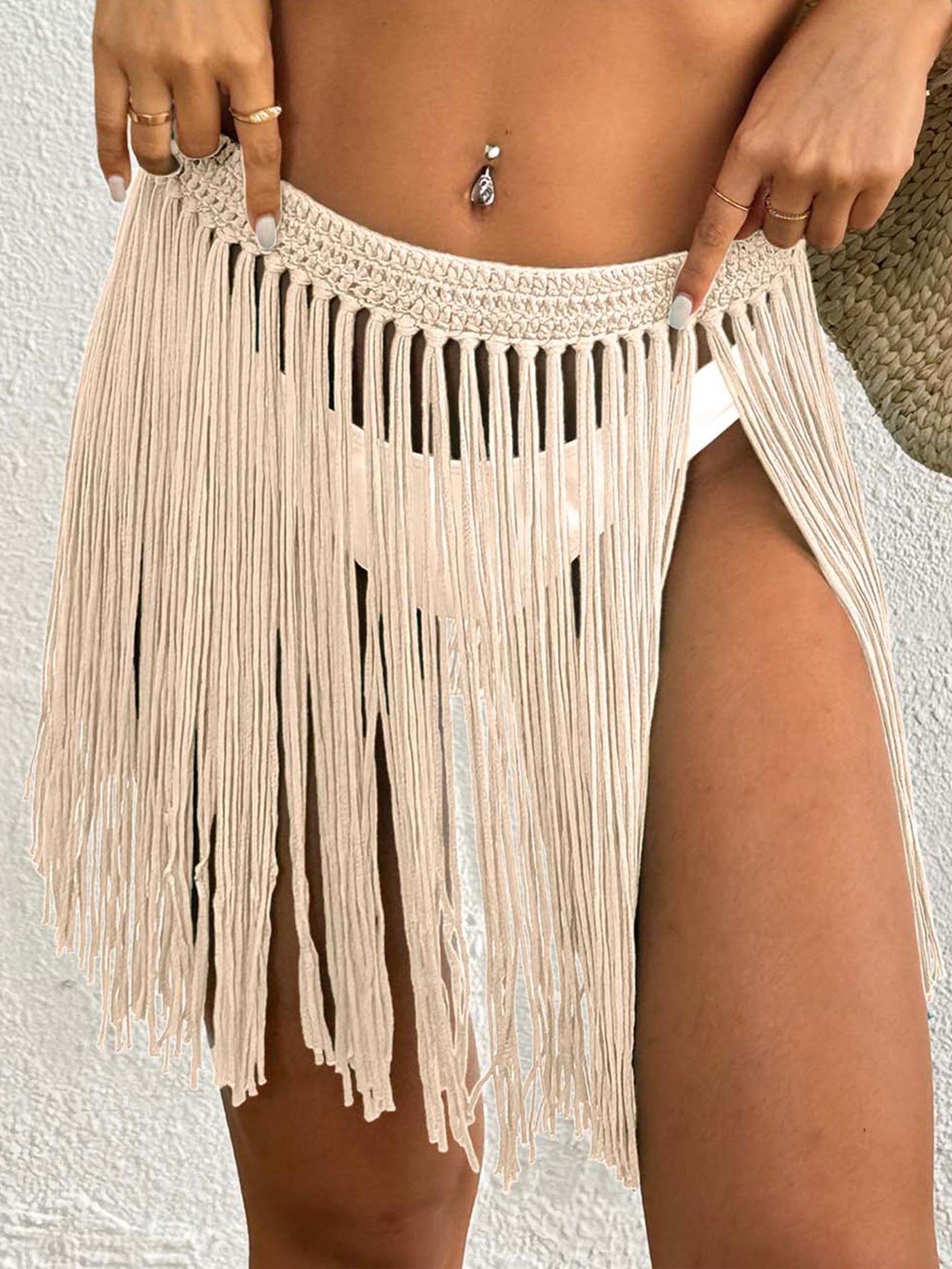 Women Lace up Skirt Women Clothing Beach Beach Cover Up Pure Hand Crocheting Tassel Skirt Overskirt