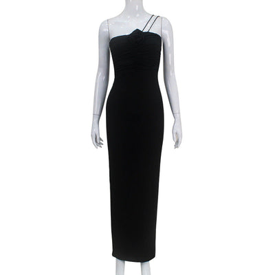 Women Clothing French Sexy Three Dimensional Floral Pleating Elegant Pure Hip Spaghetti Straps Dress
