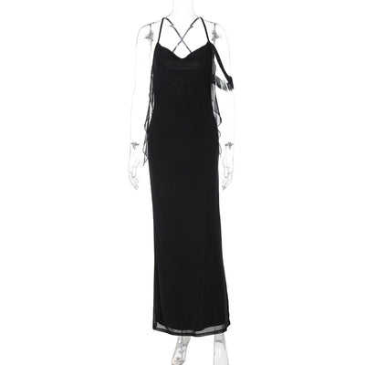 Women Clothing Summer French Sexy Low Cut Solid Color Sling Backless Dress