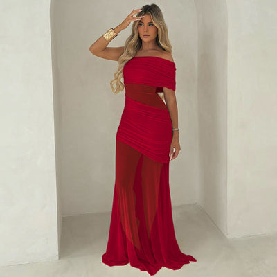 Women Clothing Summer off Neck Mesh Stitching Sexy Slim Fit Pleated Dress