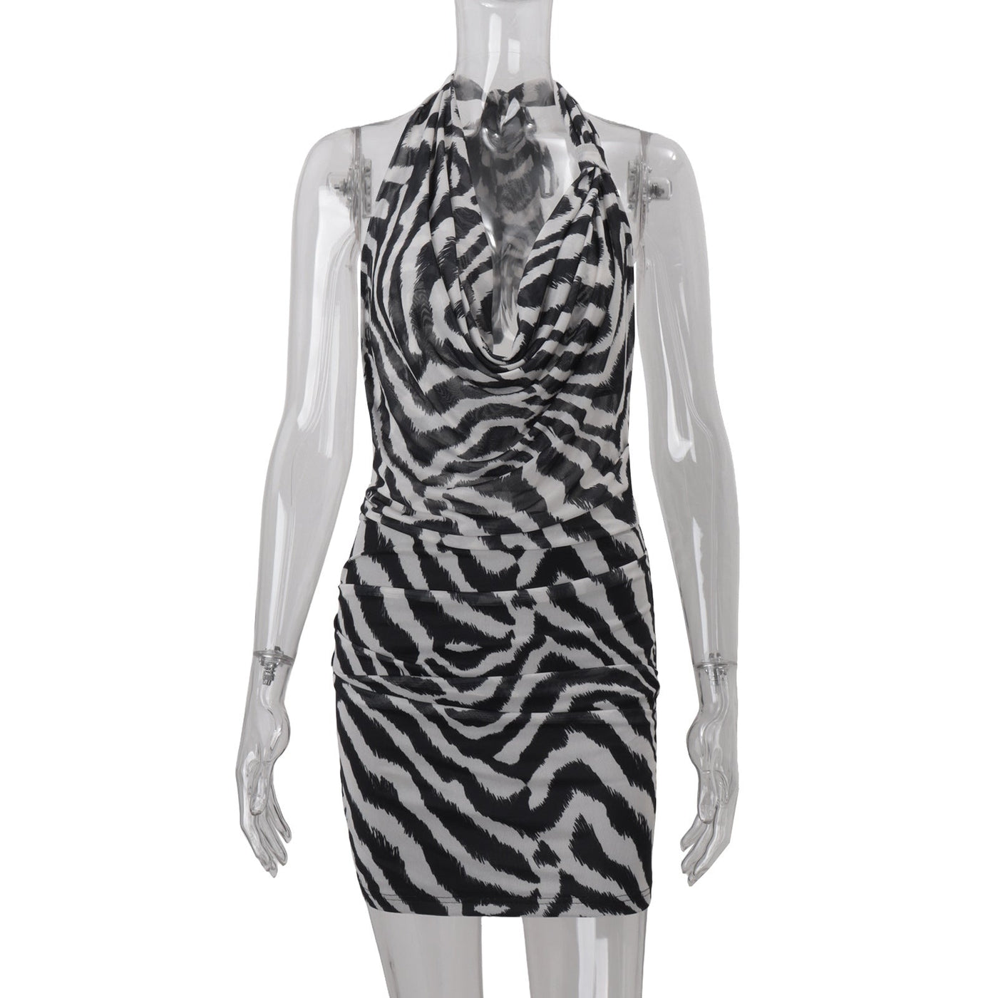 Women Clothing Autumn Sexy Halter Swing Collar Personality Zebra Pattern Sexy Hip Bag Dress Women