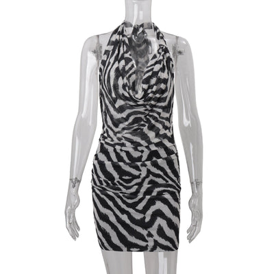 Women Clothing Autumn Sexy Halter Swing Collar Personality Zebra Pattern Sexy Hip Bag Dress Women