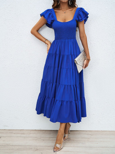 Square Collar Printing Pleated Ruffle Sleeve Elegant Bohemian Printing Dress