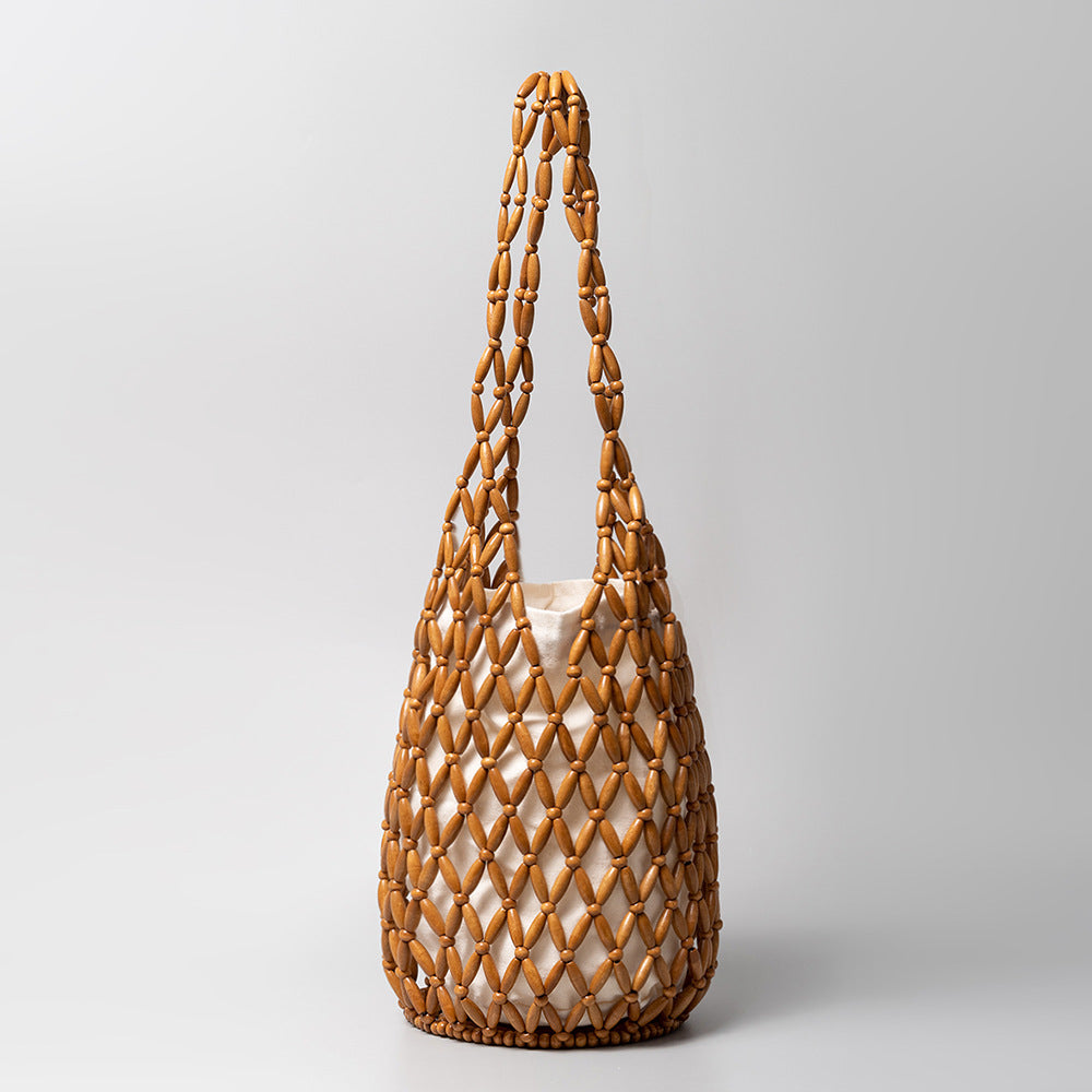Woven Bag Women Summer Special Interest Design Hollow Out Cutout Handbag with Wooden Beads Decoration Portable Bucket Shoulder Bag
