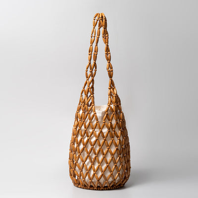 Woven Bag Women Summer Special Interest Design Hollow Out Cutout Handbag with Wooden Beads Decoration Portable Bucket Shoulder Bag