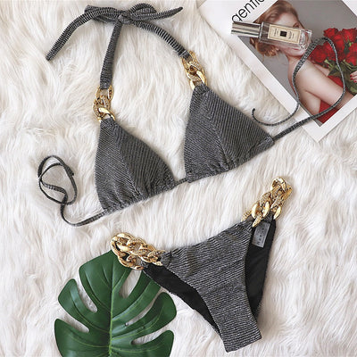Bikini Golden Diamond Chain Split Swimsuit Sexy Special Fabric Women Swimwear textured
