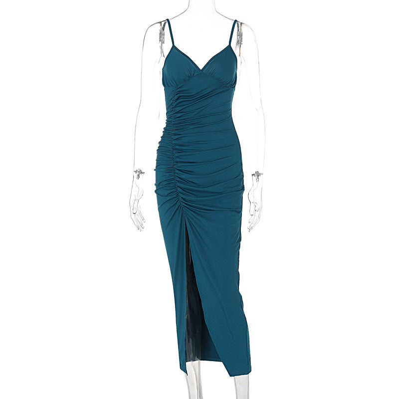 Women Clothing Summer Solid Color Sling Slim Fit Fold Split Dress