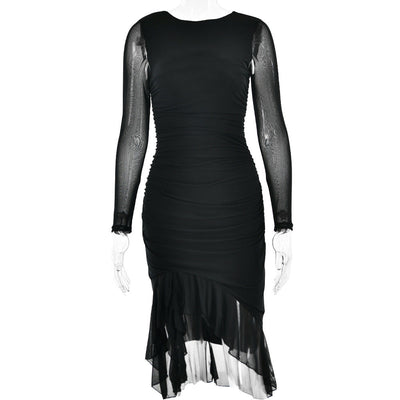 Autumn Sexy Trend Round Neck Slim Fit Long Sleeved Mesh Stitched Backless Sheath Dress