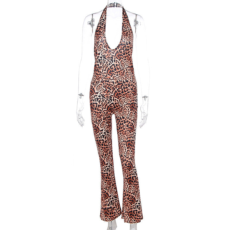 Women Clothing Spring Summer Sexy Leopard Print Tight Halter Backless Hip Lifting Jumpsuit