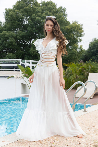 White Hollow Out Cutout out Mesh Ruffled High Grade One Piece Swimsuit Women