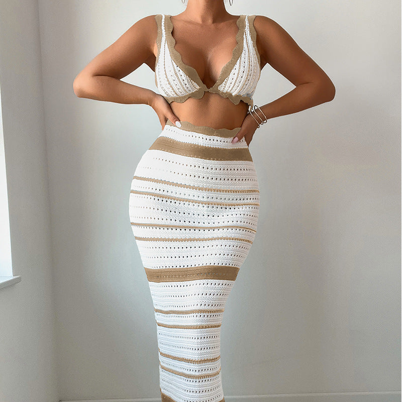 Women Striped Texture Vacation Casual Sexy Beach Bikini Skirt Two Piece Sets