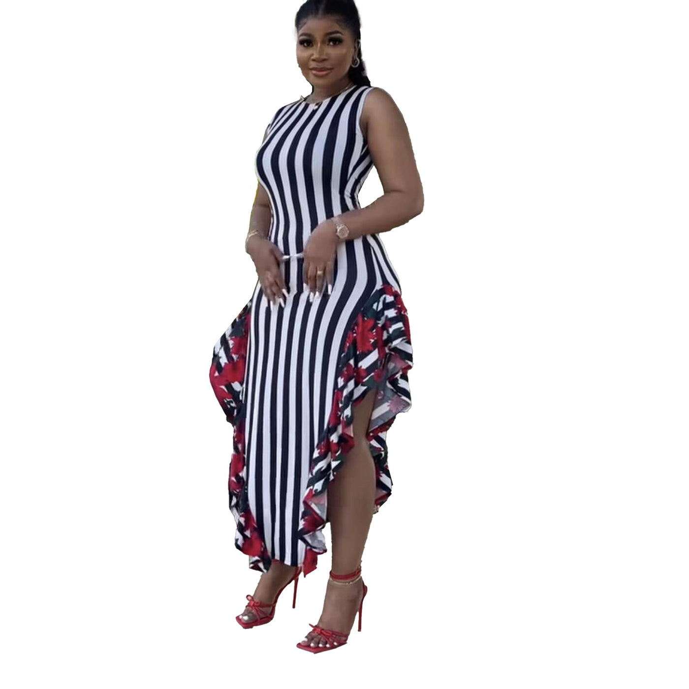Women Clothes Stitching Printing Striped Stitching Wooden Ear Sleeveless Vest Dress