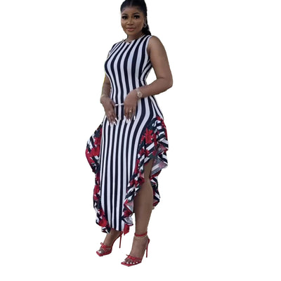 Women Clothes Stitching Printing Striped Stitching Wooden Ear Sleeveless Vest Dress