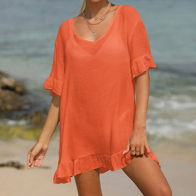 Bamboo Flounced Beach Cover Up Sexy Backless Seaside Sun Protection Shirt Bikini Cover