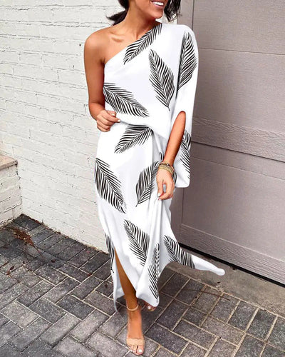 Women Clothing Dress Sexy Oblique Shoulder Elegant Single Side Sleeve Dress for Women