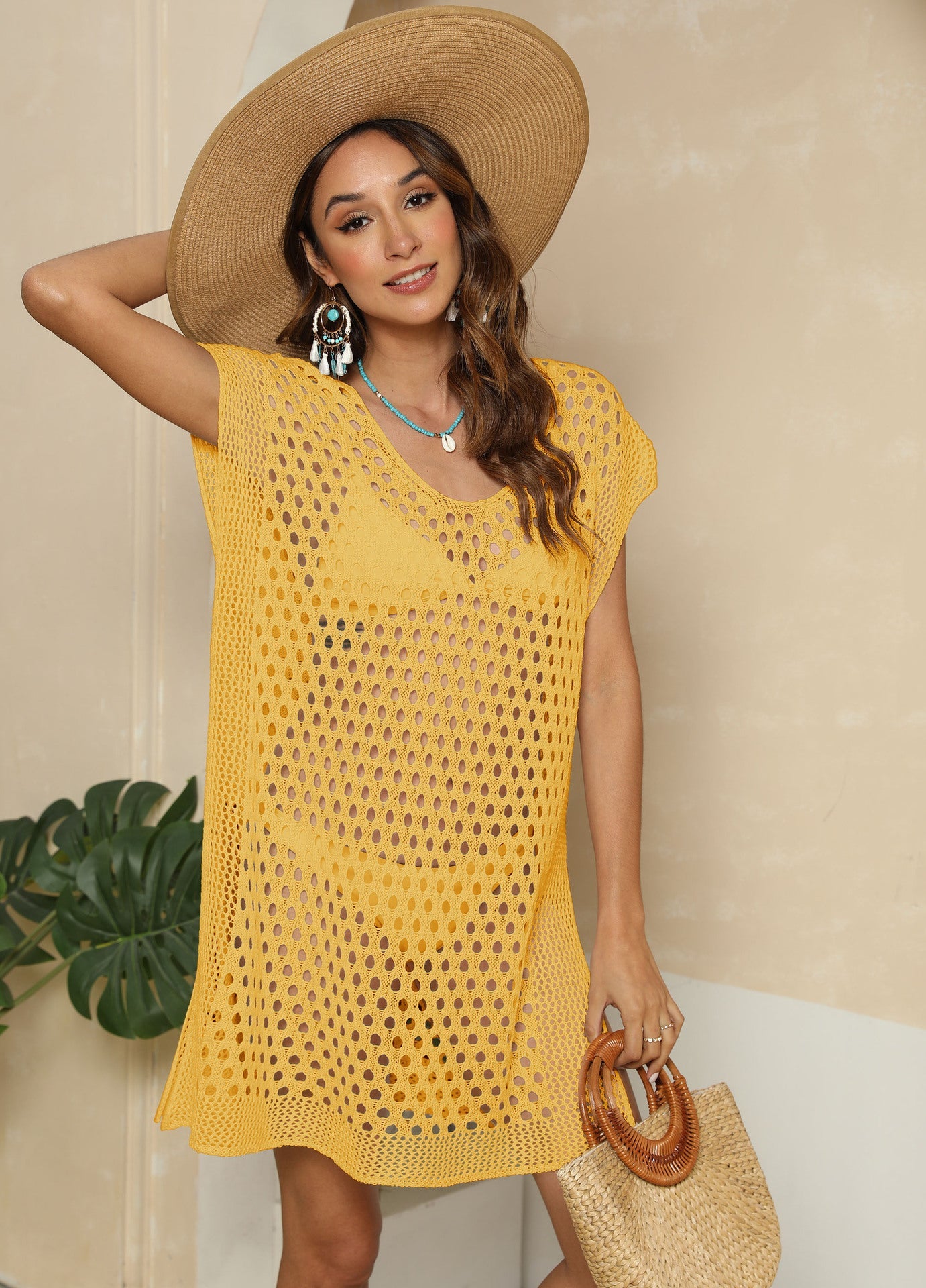 Women Beach Dress Women Clothing Hollow Out Woven Shirt Sexy See through Split Beach Cover Up
