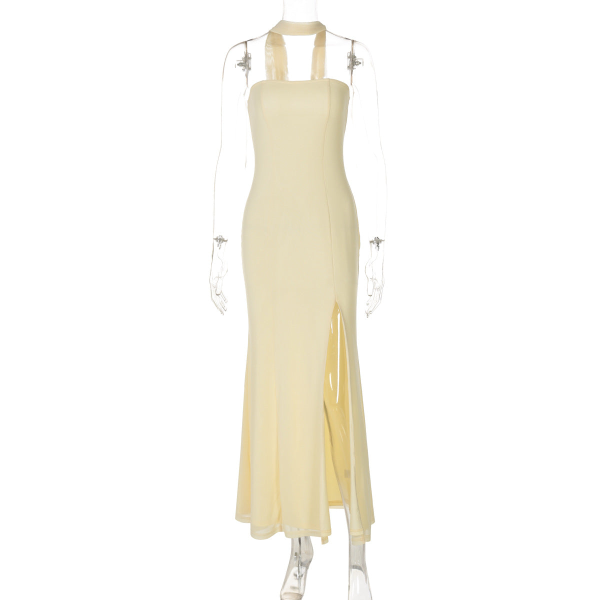 Women Clothing Summer Tube Top Slit Slim Fitting Solid Color Dress