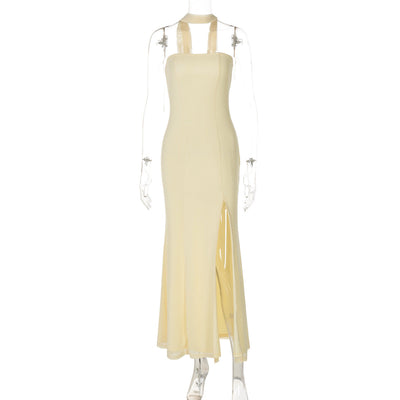 Women Clothing Summer Tube Top Slit Slim Fitting Solid Color Dress