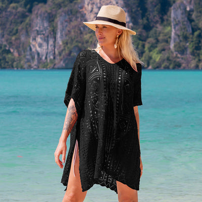 Knitted Hollow Out Cutout out Beach Jacket-Head Sexy Beach Cover Up Vacation Swimsuit Outerwear Sun Protection Clothing Women