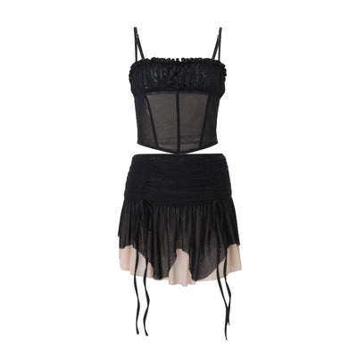Women Clothing Summer Sexy Mesh Irregular Asymmetric Top Sexy Color Block Skirt Set