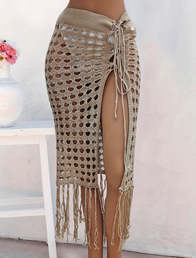 Women Clothing Sexy Cutout Woven Lace up Tassel Dress Split Beach Skirt