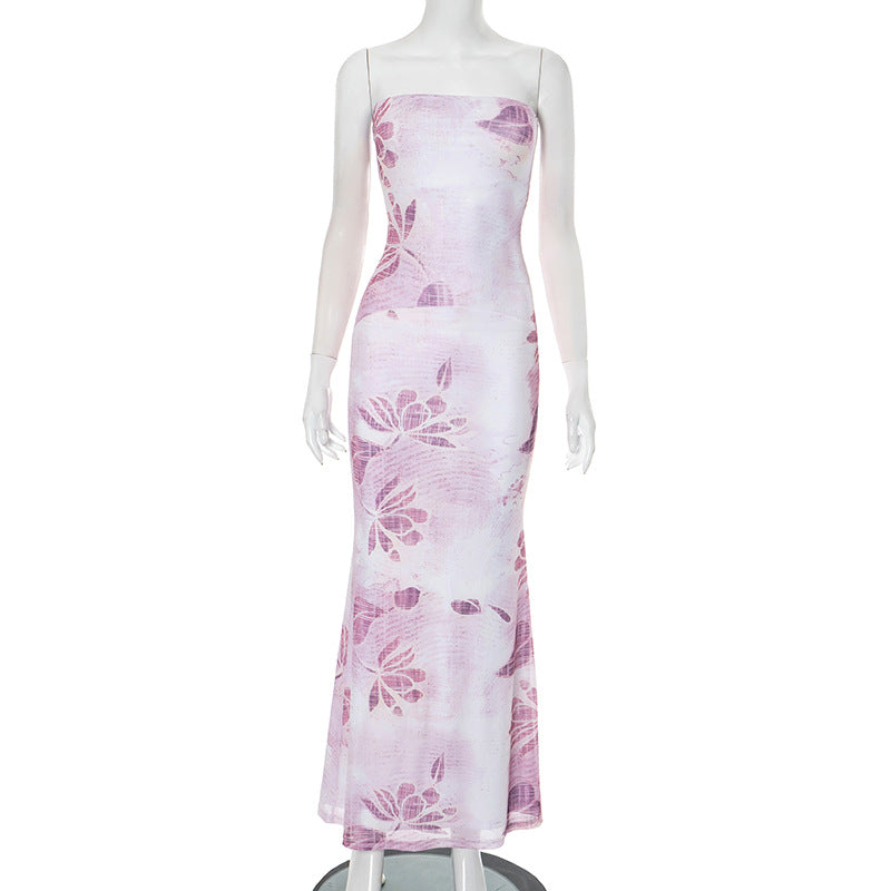 Women Clothing Tube Top Backless Floral Print Stitching Lining Sheath Dress