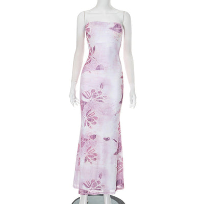 Women Clothing Tube Top Backless Floral Print Stitching Lining Sheath Dress