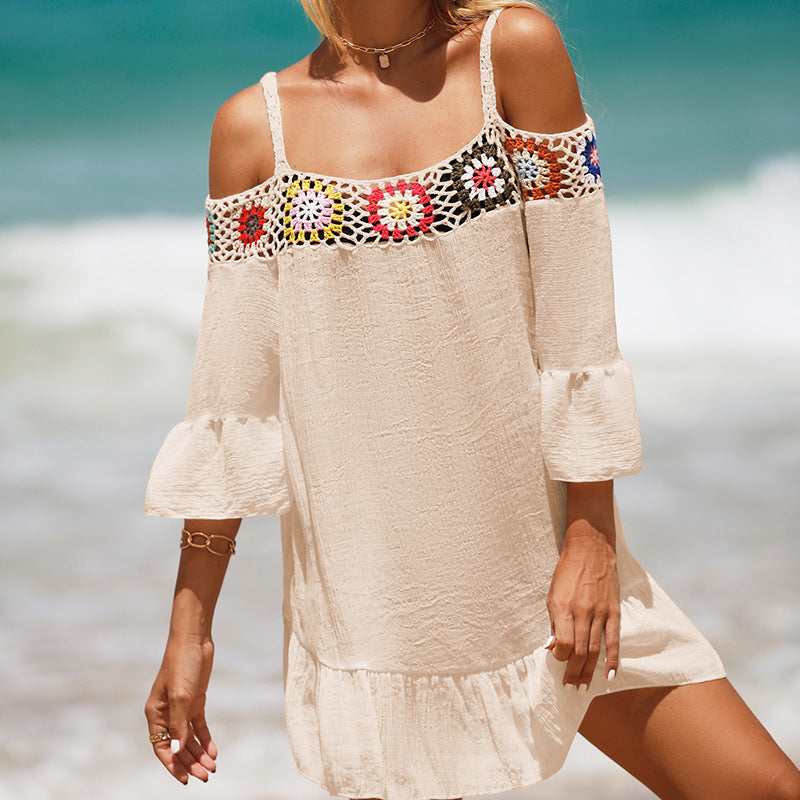 Vacation Spaghetti Straps Sun Protective Clothing Hand Crocheting Lace off-Shoulder Top Casual Short Solid-Colored Sun Protection Beach Dress