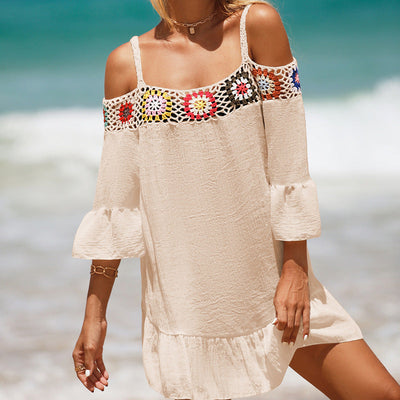 Vacation Spaghetti Straps Sun Protective Clothing Hand Crocheting Lace off-Shoulder Top Casual Short Solid-Colored Sun Protection Beach Dress