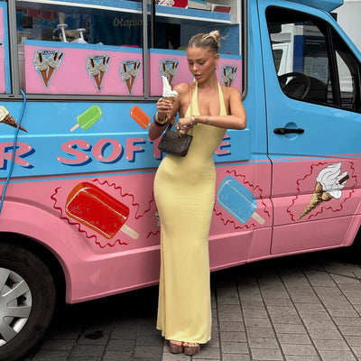Women Clothing Summer Sexy V neck Halter Backless High Waist Slim Solid Color Dress