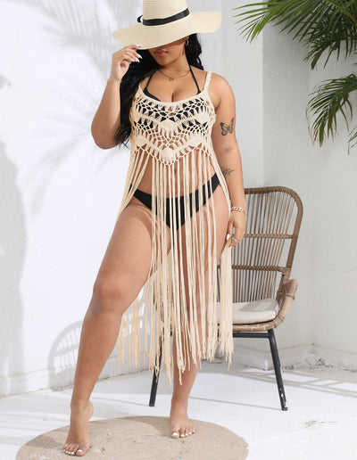 Women Beach Vacation Blouse Bikini Overclothes Tassel Patchwork Cami Dress