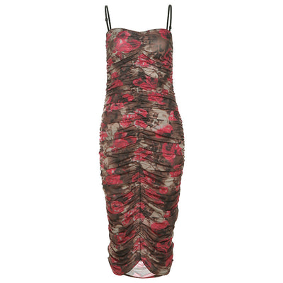 Autumn Women Clothing Retro Sexy Backless Pleated Suspender Printing Dress