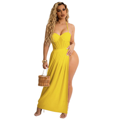 Women Clothing Summer Vacation Spaghetti Straps Cluster Swimsuit Chiffon Women Two Piece Overskirt Suit