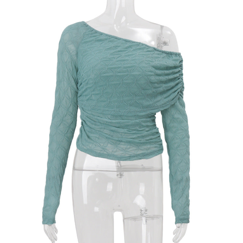 Women Clothing Autumn Sexy Diagonal Collar Cold Shoulder Mesh Sheer Long Sleeve T shirt Top