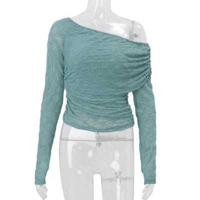 Women Clothing Autumn Sexy Diagonal Collar Cold Shoulder Mesh Sheer Long Sleeve T shirt Top