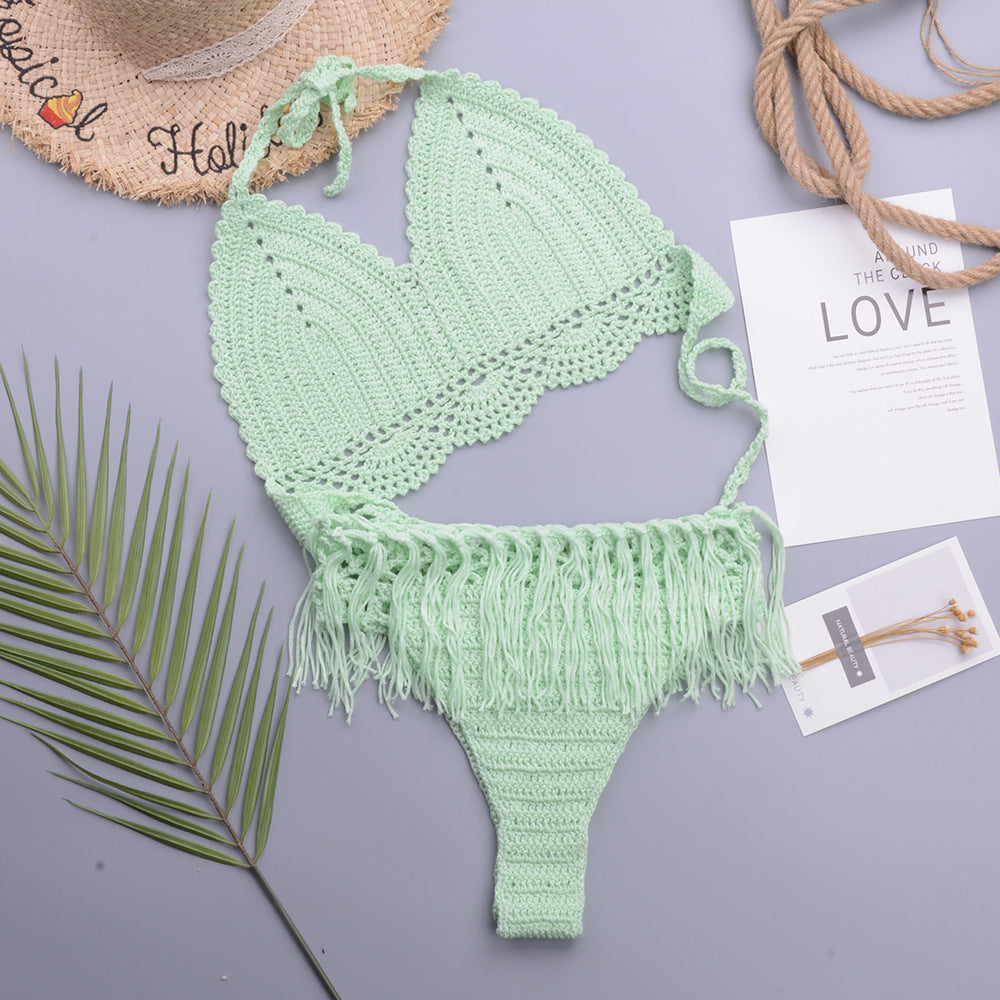 Vacation Sexy Characteristic Handmade Crochet Tassel Hollow Out Cutout out Strap Bikini Women Set