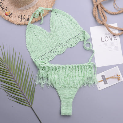 Vacation Sexy Characteristic Handmade Crochet Tassel Hollow Out Cutout out Strap Bikini Women Set