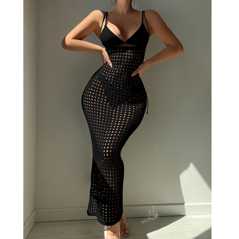 Women Knitted Camisole Hollow Out Cutout Texture Sexy Slim High Waist Maxi Dress Beach Cover up Dress Crochet hook