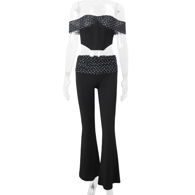 Women Clothing Summer Sexy Polka Dot Print Irregular Asymmetric Top High Waist Casual Pants Set