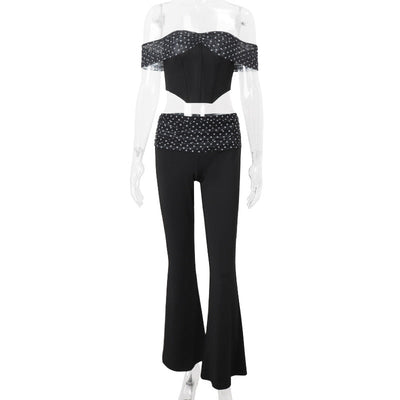 Women Clothing Summer Sexy Polka Dot Print Irregular Asymmetric Top High Waist Casual Pants Set