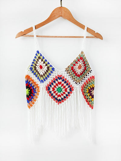 Women Clothing Women Top Pure Hand Crocheting Random Mixed Color Stitching Camisole Tassel Shirt Crochet
